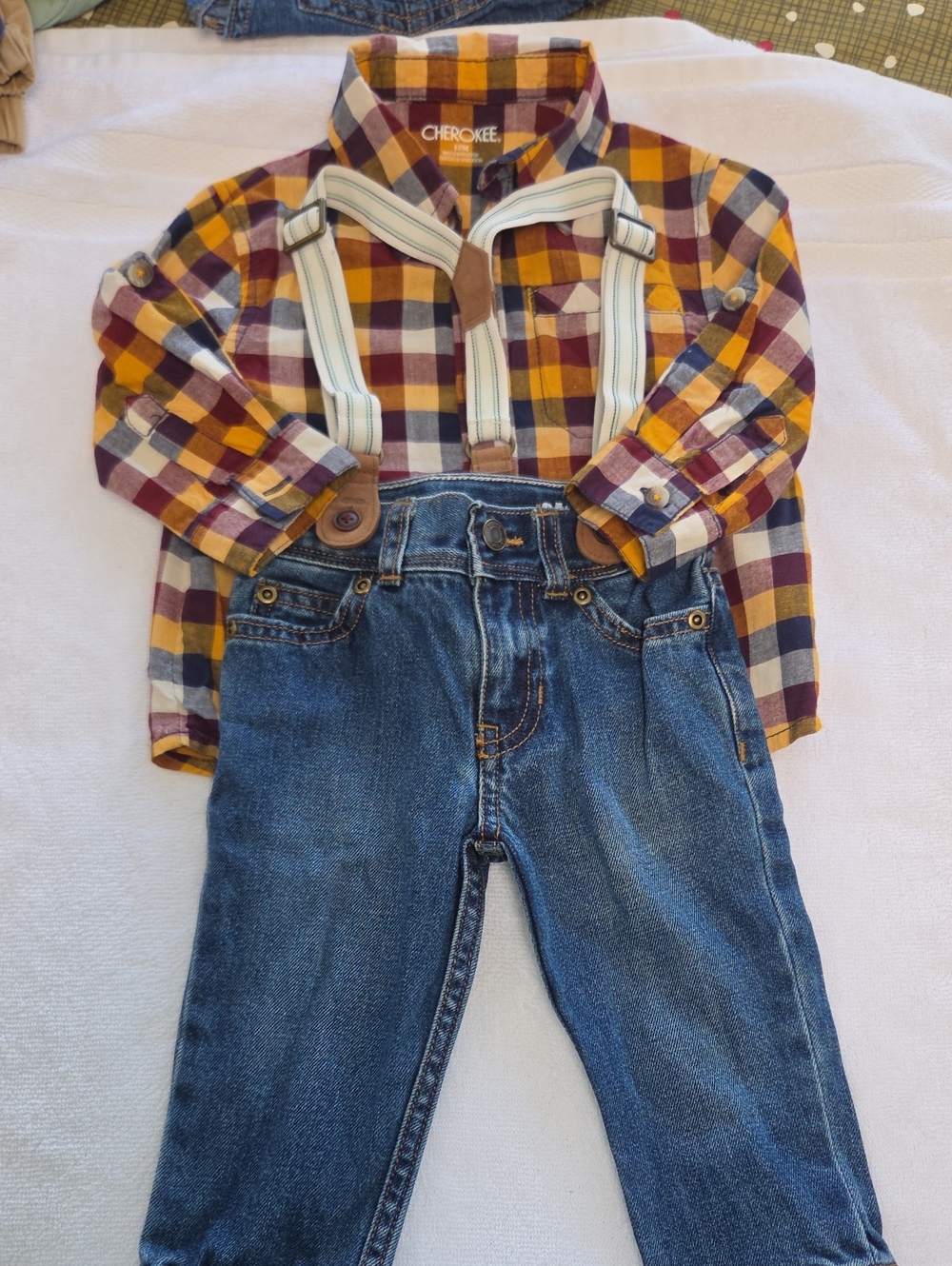 Carter's Blue Denim Jeans with Cherokee Yellow and Burgundy Plaid Shirt